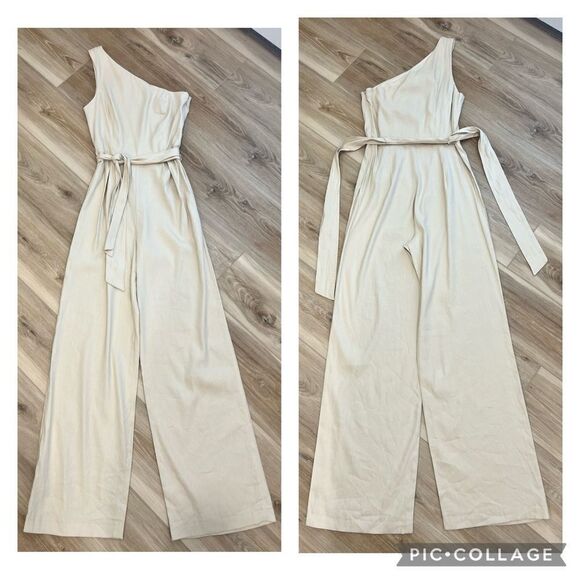 ANTONIO MELANI Carlos One Shoulder Tie Waist Wide Leg Jumpsuit in Natural Size 2 - Picture 2 of 7